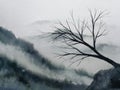 Watercolor landscape mountain fog dead dry tree stand alone. traditional oriental ink asia art style Royalty Free Stock Photo