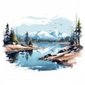 Watercolor Landscape: Mountain, Trees, Birds, Lake - Digital Painting Style Royalty Free Stock Photo