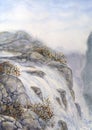 Watercolor landscape. Mountain waterfall