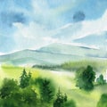 Watercolor Landscape with mountains, blue sky, clouds, green meadow. Hand drawn painting illustration Royalty Free Stock Photo