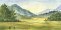 Watercolor landscape with mountains, blue sky, clouds, trees and field. Hand drawn countryside illustration Royalty Free Stock Photo