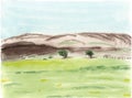 Watercolor landscape. Mountains, grass. Mountain Altai. Russia
