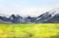 Watercolor painting landscape mountains and green fields with blue sky in the countryside. Royalty Free Stock Photo