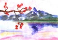Watercolor landscape mountains river water and flowers Royalty Free Stock Photo