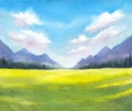 Watercolor landscape with mountains, trees, grass, sky with blue clouds, hand drawn illustration Royalty Free Stock Photo