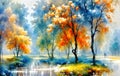 Watercolor landscape, multicolored forest, trees with colorful leaves, artistic vision of autumn splash art. Generative Ai