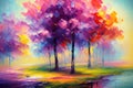 Watercolor landscape, multicolored forest, trees with colorful leaves, artistic vision of autumn splash art. Generative Ai