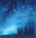 Watercolor landscape with night sky, snow, spruce trees, stars Royalty Free Stock Photo