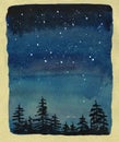 Watercolor landscape of the night sky and stars. Coniferous trees against the sky. For backgrounds and design cards