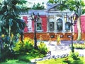 Watercolor landscape of Odessa, Ukraine, scenery town on watercolor paper texture background.
