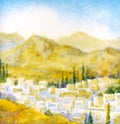 Watercolor landscape. Old city in a valley between the mountains Royalty Free Stock Photo