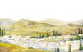 Watercolor landscape. Old city in a valley between the mountains Royalty Free Stock Photo