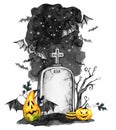 Watercolor landscape. Old grave, holidays pumpkins and flock of bats . Halloween holiday illustration. Magic, symbol of Royalty Free Stock Photo