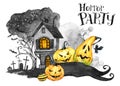 Watercolor landscape. Old house, cemetery and holidays pumpkins. Halloween holiday illustration. Magic, symbol of horror