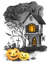 Watercolor landscape. Old house, cemetery and holidays pumpkins. Halloween holiday illustration. Magic, symbol of horror