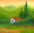 Watercolor landscape. Old house under hills at sunset