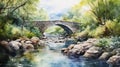 Watercolor landscape with old stone bridge over river. Digital painting. Generative AI Royalty Free Stock Photo
