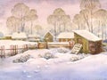 Watercolor landscape of old winter village