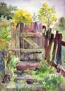 Watercolor landscape. Old wooden door