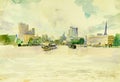 Watercolor landscape original painting colorful of Chao Phraya river, city in Thailand