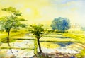 Watercolor landscape original painting colorful of fields sun Royalty Free Stock Photo