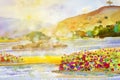 Watercolor landscape painting colorful of flowers sun river.