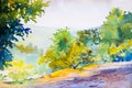 Watercolor landscape original painting colorful of the forest an