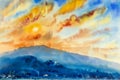 Watercolor landscape original painting colorful of mountain