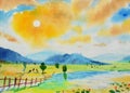 Watercolor landscape original painting colorful of mountain and rice field Royalty Free Stock Photo