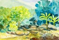 Watercolor landscape original painting colorful of mountain and river Royalty Free Stock Photo