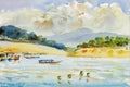 Watercolor landscape original painting colorful of mountain river Royalty Free Stock Photo