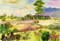 Watercolor landscape original painting colorful of mountain and wooden house Royalty Free Stock Photo