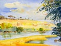 Watercolor landscape original painting colorful of river and mountain. Royalty Free Stock Photo