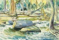 Watercolor landscape original painting colorful of river mountain Royalty Free Stock Photo