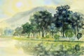 Watercolor landscape original painting colorful of sun in mornin. Royalty Free Stock Photo