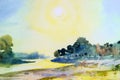 Watercolor landscape original painting colorful of sun in morning. Royalty Free Stock Photo