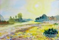 Watercolor landscape original painting colorful of sun in morning. Royalty Free Stock Photo