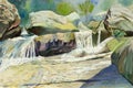 Watercolor landscape original painting colorful of waterfall