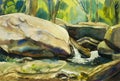 Watercolor landscape original painting colorful of waterfall Royalty Free Stock Photo