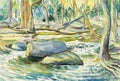 Watercolor landscape original painting colorful of waterfall Royalty Free Stock Photo