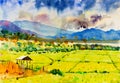 Watercolor landscape painting colorful of cottage and rice field