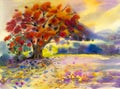 Watercolor landscape original painting red color of peacock flower Royalty Free Stock Photo