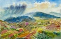 Watercolor landscape original paintings on paper colorful of Village, rice field, farm with mountain Royalty Free Stock Photo