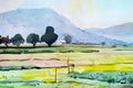 Watercolor landscape painting colorful of cottage and rice field.