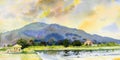 Watercolor landscape painting colorful of family mountain with farm