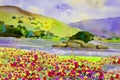 Watercolor landscape painting colorful of flowers river and mountain. Royalty Free Stock Photo