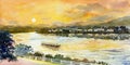 Watercolor landscape painting colorful of Mekong River Royalty Free Stock Photo