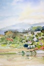 Watercolor landscape painting colorful of Mekong River Royalty Free Stock Photo