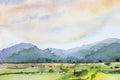 Watercolor landscape painting colorful of mountain range with farm cornfield Royalty Free Stock Photo