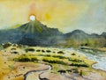 Watercolor landscape painting colorful of Salween River, Herd of buffalo, farm mountain